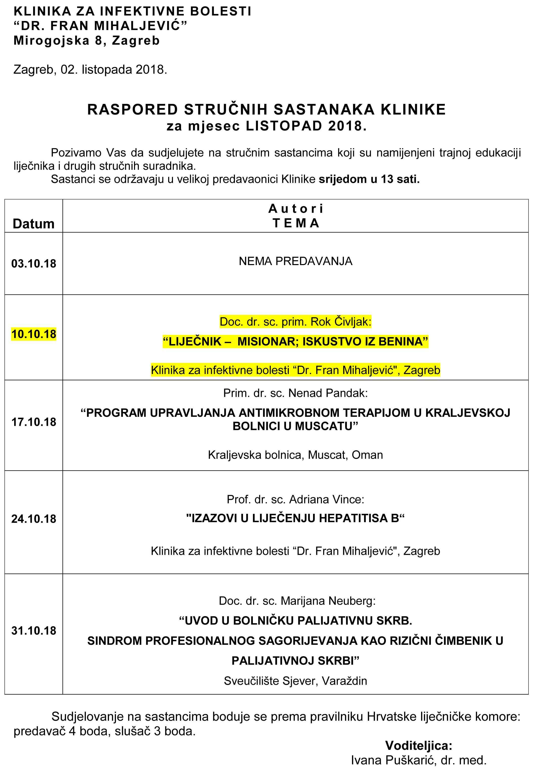 Strucni sastanci srijedom LISTOPAD 2018