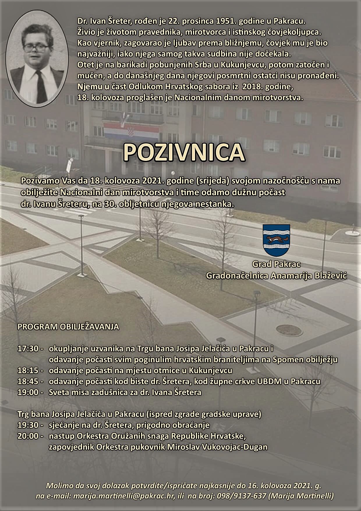 Pozivnica Nacionalni dan mirotvorstva sjećanje na dr. I. Šretera